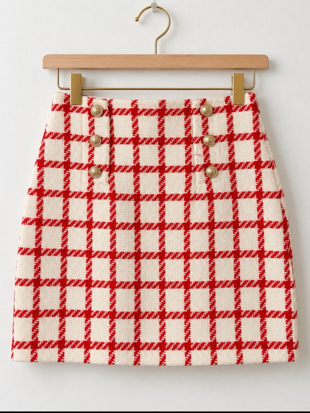 Ann Taylor Red & Cream Plaid Tweed Skirt Gold Button Detail -NWT